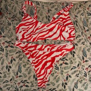 SHEIN Red and White Zebra Print Bikini